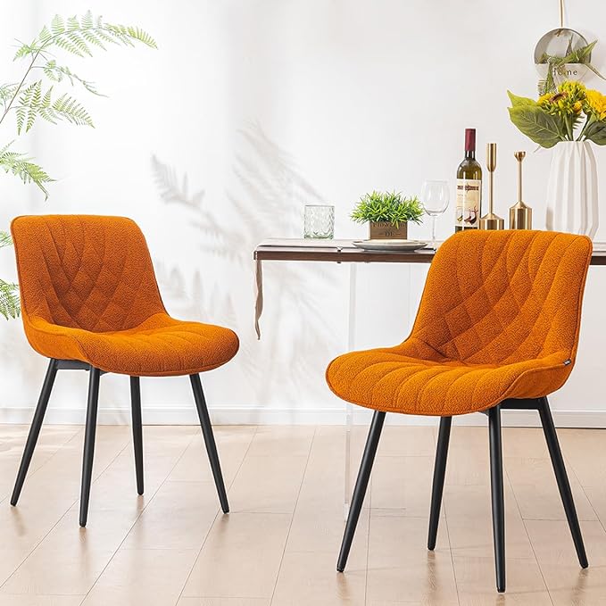 YOUNUOKE Comfortable Dining Chairs Set of 2, Mid-Century Modern Kitchen Dining Room Chairs, Upholstered Backrest Boucle Dining Chair with Black Metal, Orange - LeafyLoom