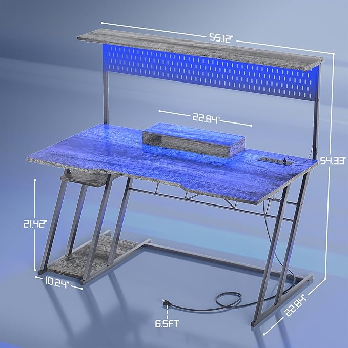 armocity 55'' Gaming Desk with Hutch and LED Lights, Gaming Computer Desk with Storage Shelves & Z-Shaped Legs, Reversible PC Gaming Desk with Pegboard, Ergonomic Desk for Bedroom, Grey Oak - LeafyLoom