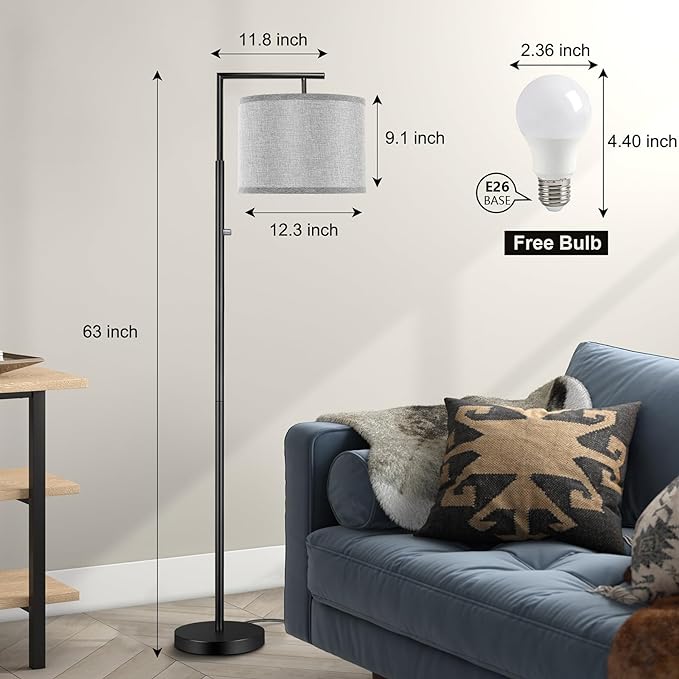 Dimmable Floor Lamp, 4-Color Temperature Modern Standing Lamp with Remote Control & Gray Shade, Tall Pole Floor Lamp for Living Room, Bedroom, Study Room, Office (LED Bulb Included) - Black - LeafyLoom