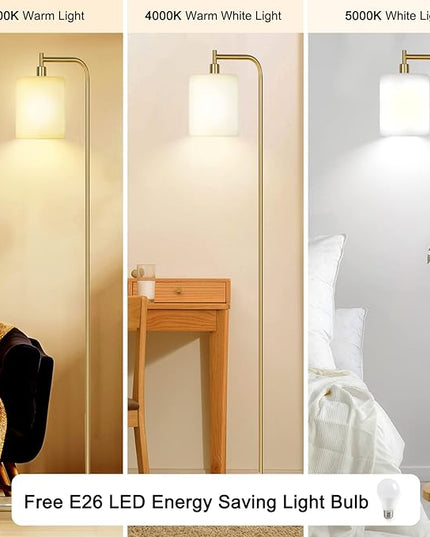QiMH Floor Lamps for Living Room, Modern LED Standing Reading Light for Bedroom with Glass Shade, Tall Gold Industrial 3 Colors Dimmable Pole Lamp with Foot Control for Home Office Corner Decor - LeafyLoom