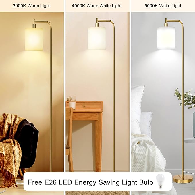 QiMH Floor Lamps for Living Room, Modern LED Standing Reading Light for Bedroom with Glass Shade, Tall Gold Industrial 3 Colors Dimmable Pole Lamp with Foot Control for Home Office Corner Decor - LeafyLoom