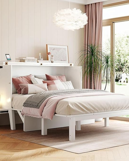 Queen Size Murphy Bed with Removable Shelves for Adults,Wood Platform Bedframe w/USB Port, Can Change into Cabinet, Save Space Design, for Bedroom, Apartments, White - LeafyLoom