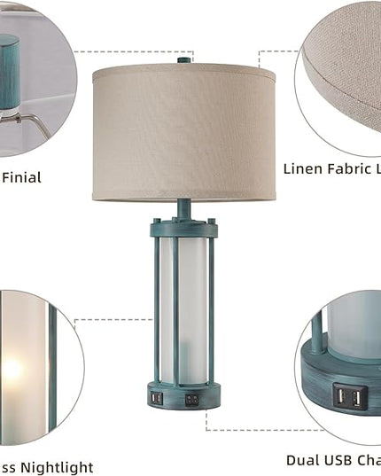 Set of 2 Rustic Table Lamps for Living Room with 2 USB Ports, Farmhouse Vintage Nightstand Lamp with White Glass Nightlight, Retro Desk Lamps for Bedroom End Table (Retro Green) - LeafyLoom