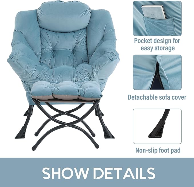 LITA Lazy Chair with Ottoman, Modern Accent Leisure Upholstered Sofa Chair, Contemporary Lounge Reading Chair with Armrests and a Side Pocket for Living Room, Bedroom & Small Space, Light Blue - LeafyLoom