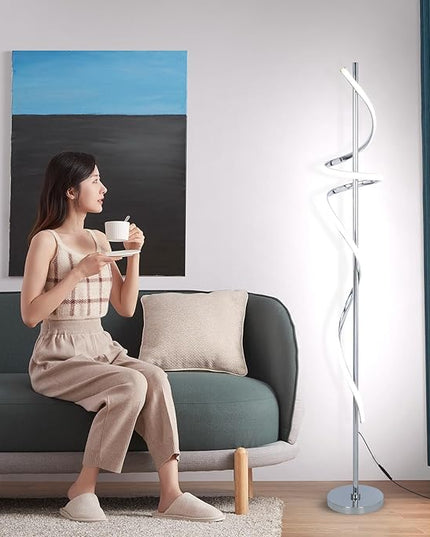 LED Modern Floor Lamp for Living Room,60" Spiral Floor Lamps with Remote Control,48W 3 Colors Stepless Dimmable Floor Standing Lamp Reading Corner Floor Tall Lamp for Bedroom Office - Chrome - LeafyLoom