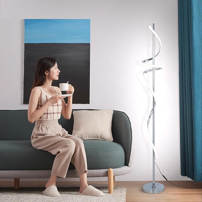 LED Modern Floor Lamp for Living Room,60" Spiral Floor Lamps with Remote Control,48W 3 Colors Stepless Dimmable Floor Standing Lamp Reading Corner Floor Tall Lamp for Bedroom Office - Chrome - LeafyLoom