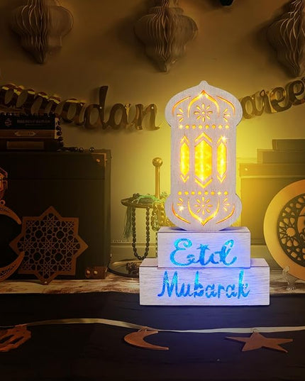 12" Ramadan Decorations, Wooden Ramadan Lantern Block with Yellow Blue Lights Eid Mubarak Ramadan Table Centerpieces for Ramadan Gifts Muslim Islam Festival Decor Eid Al Fitr Supplies - LeafyLoom