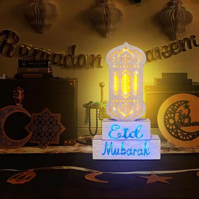12" Ramadan Decorations, Wooden Ramadan Lantern Block with Yellow Blue Lights Eid Mubarak Ramadan Table Centerpieces for Ramadan Gifts Muslim Islam Festival Decor Eid Al Fitr Supplies - LeafyLoom