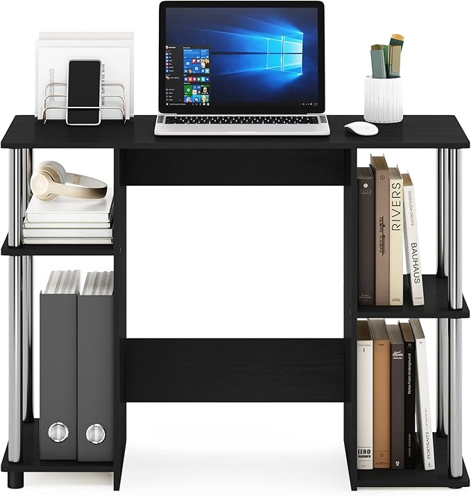 Furinno Jaya Computer Study Desk, Americano/Stainless Steel - LeafyLoom