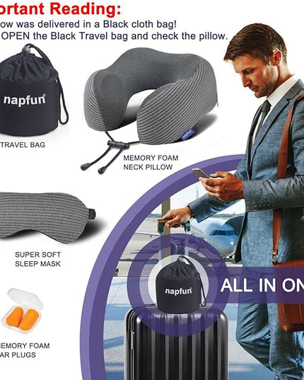 napfun Travel Pillow, 100% Pure Memory Foam Neck Pillows for Travel Airplane Headrest Flight Plane Accessories, Deep Grey, Medium (120-200LB) - LeafyLoom