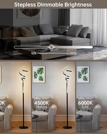 Modern Spiral Floor Lamps for Living Room, LED Spiral Floor Lamp 48W Tall Standing Lamp Timing 63"-67" Adjustable Height 3 Color Dimable Corner Black Floor Lamps for Bedroom Office - LeafyLoom