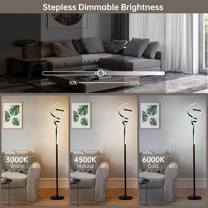 Modern Spiral Floor Lamps for Living Room, LED Spiral Floor Lamp 48W Tall Standing Lamp Timing 63"-67" Adjustable Height 3 Color Dimable Corner Black Floor Lamps for Bedroom Office - LeafyLoom