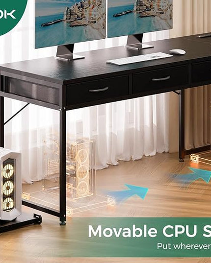 AODK 53 Inch L Shaped Computer Desk with Drawers, Corner Desk with Power Outlets & Reversible Storage Shelves, Movable CPU Stand for Home Office Gaming, Black - LeafyLoom