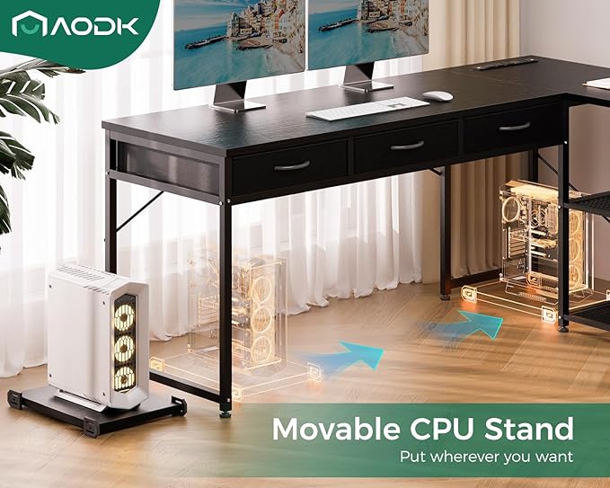 AODK 53 Inch L Shaped Computer Desk with Drawers, Corner Desk with Power Outlets & Reversible Storage Shelves, Movable CPU Stand for Home Office Gaming, Black - LeafyLoom