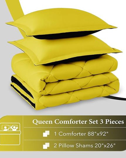 downluxe Queen Comforter Set - Lemon and Black Queen Comforter, Soft Bedding Sets for All Seasons -3 Pieces - 1 Comforter (88"x92") and 2 Pillow Shams(20"x26") - LeafyLoom