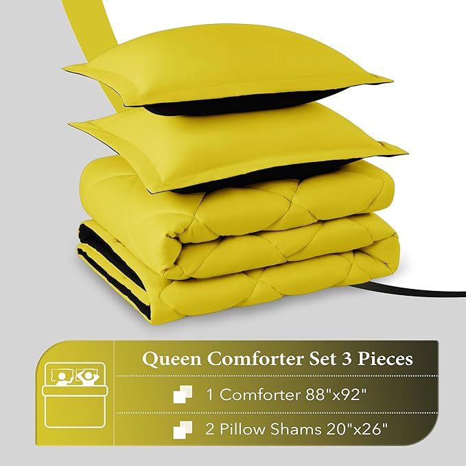 downluxe Queen Comforter Set - Lemon and Black Queen Comforter, Soft Bedding Sets for All Seasons -3 Pieces - 1 Comforter (88"x92") and 2 Pillow Shams(20"x26") - LeafyLoom