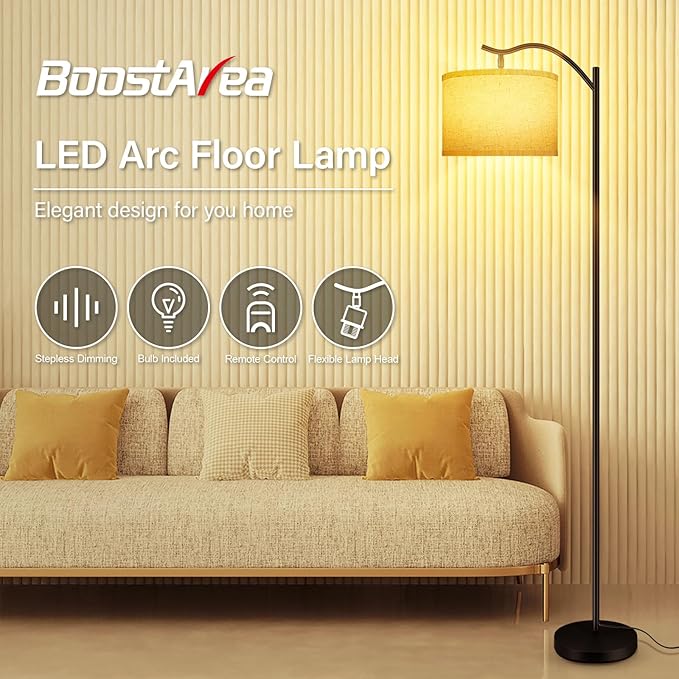 BoostArea Floor Lamp for Living Room,Arc Floor Lamp with Remote Control,Stepless Dimmable Brightness & Colors Temperature 2700k-6500k,Modern Standing Lamp for Bedroom Study Room Office,Beige - LeafyLoom