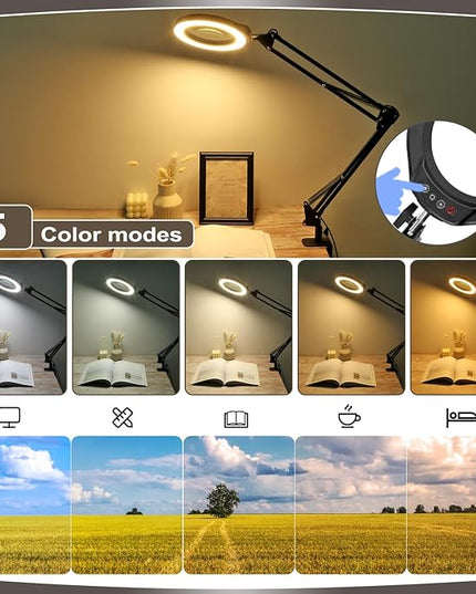 VEEMAGNI 5 Inch Large Magnifying Glass with Light and Stand, 5 Color Modes Stepless Dimmable, Long Swivel Arm LED Clamp Desk Lamp, Hands Free 10X Lighted Magnifier for Close Work Craft Hobby Soldering - LeafyLoom
