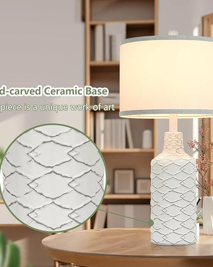 Modern Farmhouse Ceramic Nightstand Lamp, 25in Tall, White, with Handcrafted Base and Fabric Shade, E26 Socket, Bulb Excluded - LeafyLoom