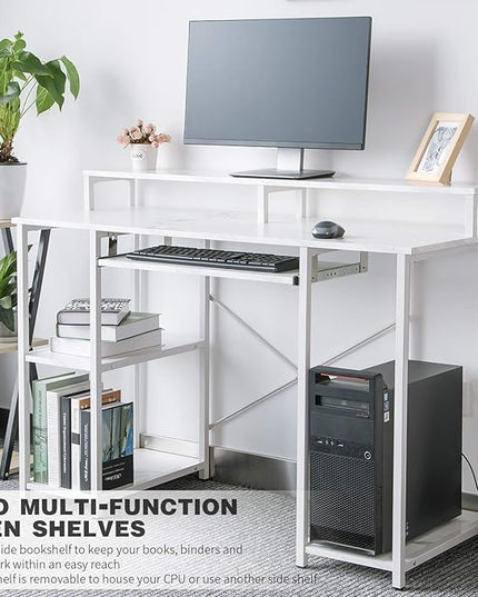 TOPSKY Compact Computer Desk with Storage Shelves/Keyboard Tray/Monitor Stand Study Table for Home Office (White marble texture., 46.5 * 19 inch) - LeafyLoom