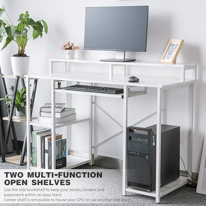 TOPSKY Compact Computer Desk with Storage Shelves/Keyboard Tray/Monitor Stand Study Table for Home Office (White marble texture., 46.5 * 19 inch) - LeafyLoom