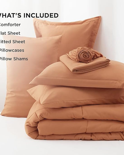 Bedsure Burnt Orange Full Size Comforter Set - 7 Pieces Solid Full Bed in a Bag, Full Bed Set Burnt Orange with Quilted Warm Fluffy Comforters, Sheets, Pillowcases & Shams - LeafyLoom