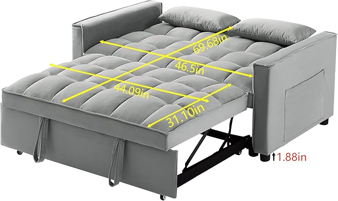 55" 3 in 1 Convertible Loveseat Futon Sofa Couch of Mordern Velvet w/Pullout Bed, Small Love Seat Lounge Sleeper w/Reclining Backrest, Toss Pillows, Pockets, Furniture for Living Room Bed - LeafyLoom
