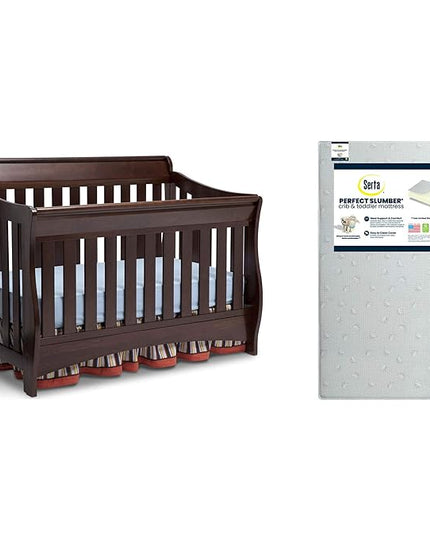 Delta Children Bentley S Series 4-in-1 Crib, Chocolate + Serta Perfect Slumber Dual Sided Recycled Fiber Core Crib and Toddler Mattress (Bundle) - LeafyLoom