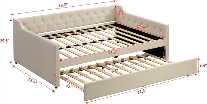 Full Size Velvet Upholstered Tufted Daybed with Twin-Size Trundle,Modern Wood Bed Frame w/Armrests,Slat Support,No Box Spring Needed,Daybeds for Apartment,Bedroom,Guest Room,Beige - LeafyLoom