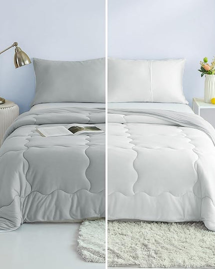 COTTEBED Reversible Comforter Sets KING Size Bed, Jersey Knit T-Shirt Feel Bedding Down Comforters Quilt & Pillowcase -Super Soft Cozy Lightweight All Season (Light Grey and White California Cal/King) - LeafyLoom