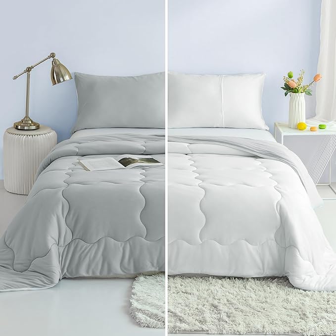 COTTEBED Reversible Comforter Sets KING Size Bed, Jersey Knit T-Shirt Feel Bedding Down Comforters Quilt & Pillowcase -Super Soft Cozy Lightweight All Season (Light Grey and White California Cal/King) - LeafyLoom