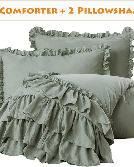 Sage Green Ruffle Comforter Set Queen,Vintage Farmhouse Shabby Ruffled Chic Bedding Comforter,Rustic Aesthetic Bedding 3 Pieces Women Girls Bedroom Vintage Bed Comforter - LeafyLoom