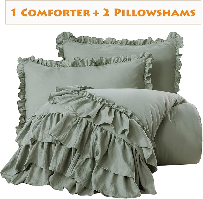 Sage Green Ruffled Comforter King Size,Farmhouse Shabby Ruffle Rustic Aesthetic Sage Green Bedding Extra Soft 3PCS (1 Ruffle Comforter and 2 Pillowcases) - LeafyLoom