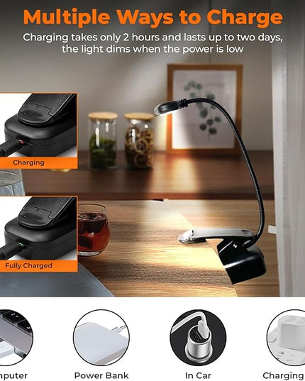 2 Pack Clip on Light with 360°Rotation, USB LED Reading Lights with Clamp, Flexible Gooseneck Reading Lamp Bedside Headboard Eye Protection Desk Lamp - LeafyLoom
