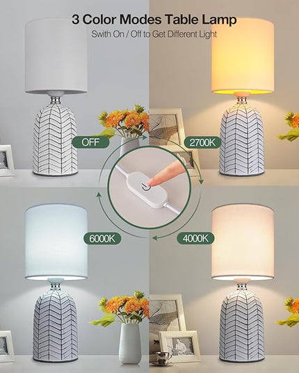 AIDENOEY Small Table Lamp for Bedroom -Bedside Desk Reading Lamps with 3 Way DimmableTouch Control,Nightstand Ceramic Lamp with Fabric Shade for Kids Room,Living Room,Dorm,Home Office(Grey+White) - LeafyLoom