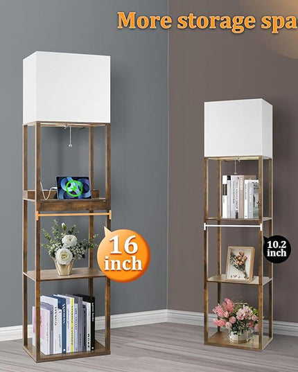Dott Arts Floor Lamp with Shelves, wide Shelf Lamp with Wireless Charger & USB A+C Ports & 2 AC Outlets,3 Color Temperature Corner Tall Standing Floor Lamps for Living Room, Bedroom, Office (Brown) - LeafyLoom