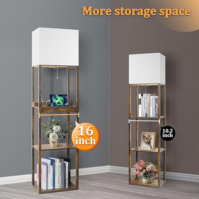 Dott Arts Floor Lamp with Shelves, wide Shelf Lamp with Wireless Charger & USB A+C Ports & 2 AC Outlets,3 Color Temperature Corner Tall Standing Floor Lamps for Living Room, Bedroom, Office (Brown) - LeafyLoom