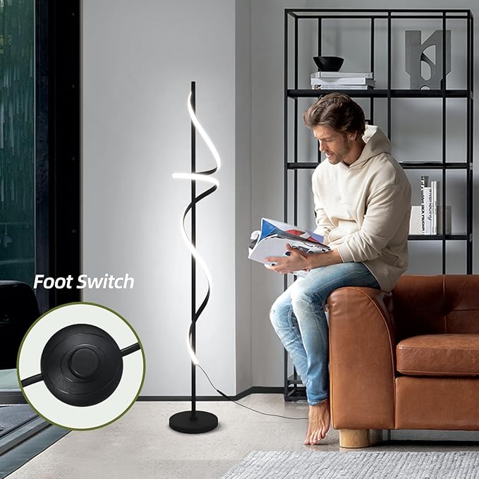 Modern Spiral Floor Lamp with Remote Control, 48W LED Floor Lamps for Living Room, 3 Colors Dimmable Tall Standing Lamp for Living Room, 60'' Modern Floor lamp for Bedroom Black - LeafyLoom