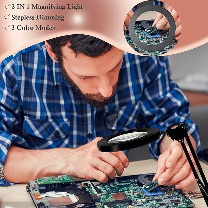 Magnifying Glass with Light and Stand, Desk Lamp with 10X Magnifying, 3 Color Modes, Dimmable Swivel Arm Magnifier Light for Crafts Workbench - LeafyLoom