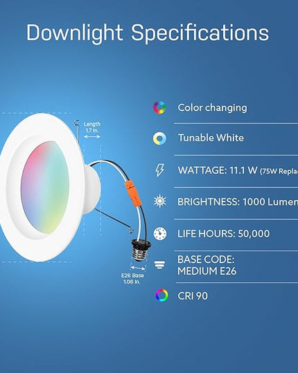 Feit Electric Smart Recessed Downlights, 5-6 Inch, Wi-Fi LED, Dimmable Color-Changing, 1000 Lumens, 11.1W (75W Equivalent), Voice & App Control, Daylight to Soft White, 50,000 Hour Lifespan FeitElectricCompany