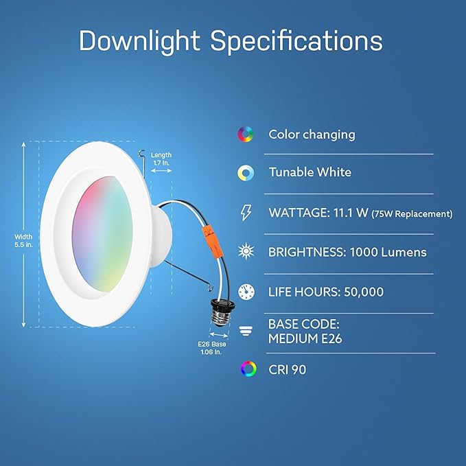 Feit Electric Smart Recessed Downlights, 5-6 Inch, Wi-Fi LED, Dimmable Color-Changing, 1000 Lumens, 11.1W (75W Equivalent), Voice & App Control, Daylight to Soft White, 50,000 Hour Lifespan FeitElectricCompany