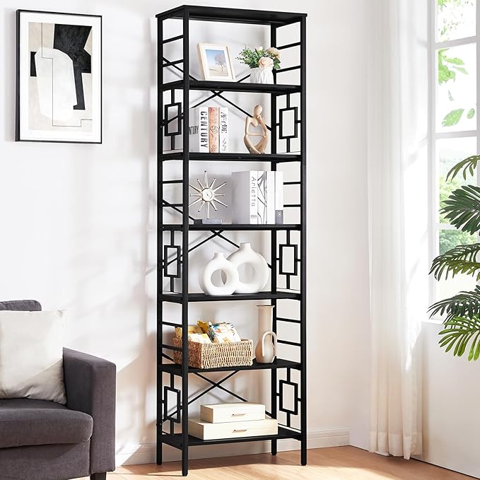 HOMISSUE Bookcase,7-Tier Tall Bookshelf Metal Bookcase and Bookshelves, Free Standing Storage Modern Bookshelf for Home Office Living Room and Bedroom，Black - LeafyLoom