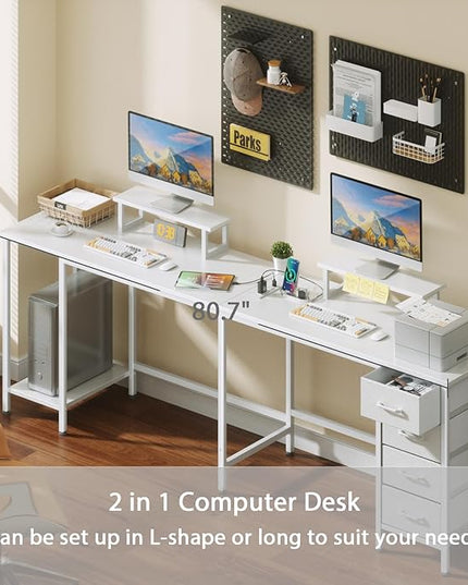 L Shaped Computer Desk with Power Outlets, 59 inch Reversible Home Office Desk with Storage Shelves & 2 Monitor Stands, Gaming Desk with 4 Fabric Drawers for Bedroom, White - LeafyLoom