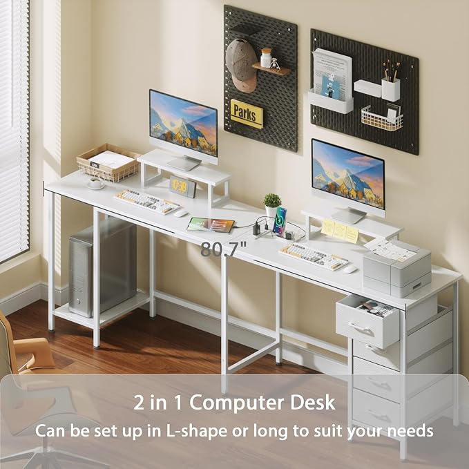L Shaped Computer Desk with Power Outlets, 59 inch Reversible Home Office Desk with Storage Shelves & 2 Monitor Stands, Gaming Desk with 4 Fabric Drawers for Bedroom, White - LeafyLoom