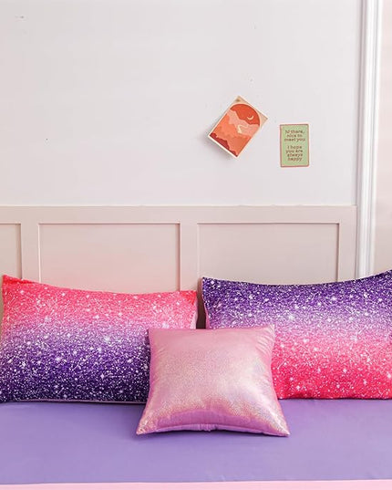 A Nice Night Girls Comforter Set Full 6 Piece Bed in A Bag 3D Colorful Sparkle Galaxy Rainbow Bedding Comforter Sheet Sets for Kids,RedPurple - LeafyLoom