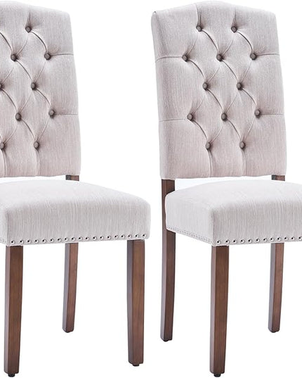 Stylish Upholstered Nailhead Trim and Sturdy Solid Wood Legs Parson Dining Chair, Set of 2, Beige - LeafyLoom