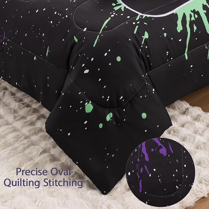 8Pcs Gamer Comforter Set with Sheets for Boys Girls Kids Teens, Colorful Graffiti Gaming Themed Bed in A Bag Full Size, Black 3D Video Game Controller Bedroom Decor Bedding Set-Black - LeafyLoom