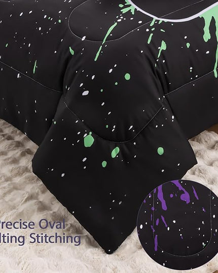8Pcs Gamer Comforter Set with Sheets for Boys Girls Kids Teens, Colorful Graffiti Gaming Themed Bed in A Bag Twin Size, Black 3D Video Game Controller Bedroom Decor Bedding Set-Black - LeafyLoom