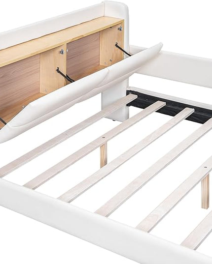 Full Size PU Upholstered Platform Storage Headboard,Footboard and 3 Pockets,Bedroom Solid Wood Bed Frame w/Security Guardrail & Slat Support,for Kids,Teen,Boys,Girls,Beige - LeafyLoom