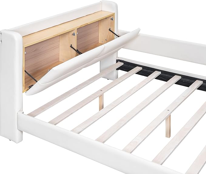 Full Size PU Upholstered Platform Storage Headboard,Footboard and 3 Pockets,Bedroom Solid Wood Bed Frame w/Security Guardrail & Slat Support,for Kids,Teen,Boys,Girls,Beige - LeafyLoom